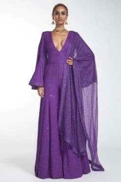 Itrh Purple Crystal Jumpsuit With Dupatta