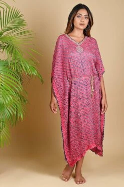 Pink Bandhni Kaftan With Hand Embroidered Neckline