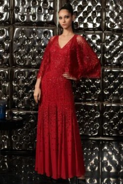 Rohit Gandhi + Rahul Khanna Claret Cronus Embellished Gown With Fringe Cape