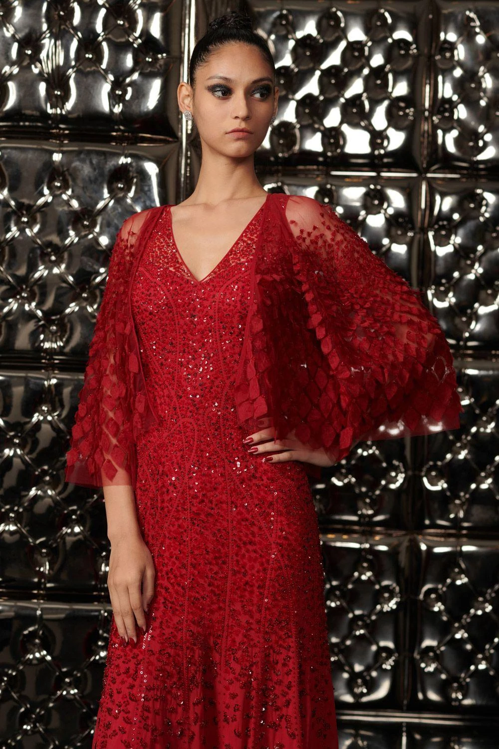 Rohit Gandhi + Rahul Khanna Claret Cronus Embellished Gown With Fringe Cape 4 Rohit Gandhi + Rahul Khanna Claret Cronus Embellished Gown With Fringe Cape - Image 2