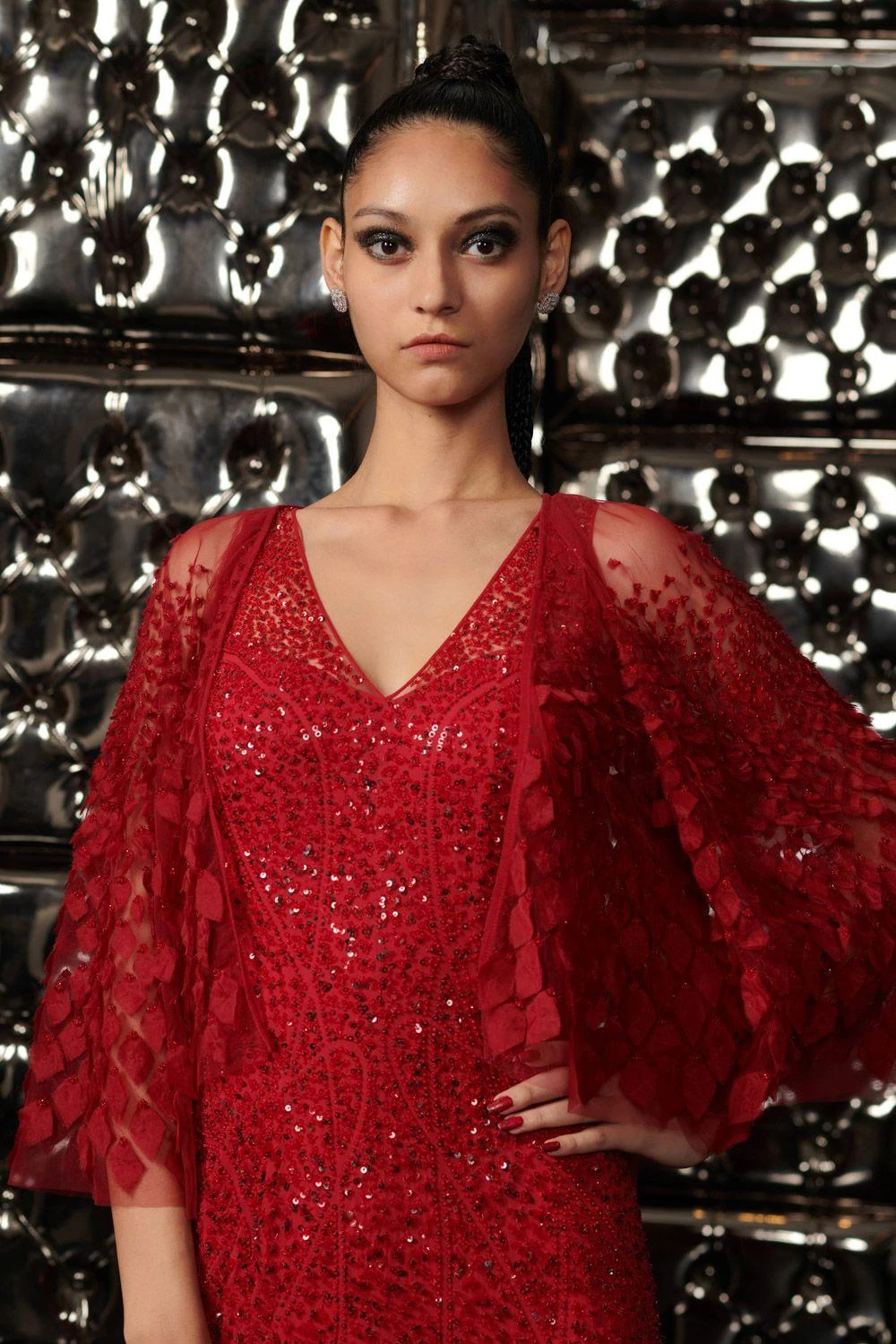 Rohit Gandhi + Rahul Khanna Claret Cronus Embellished Gown With Fringe Cape 5 Rohit Gandhi + Rahul Khanna Claret Cronus Embellished Gown With Fringe Cape - Image 3
