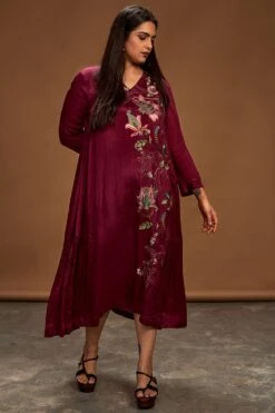 Half Full Curve Plum Floral Embroidered Dress