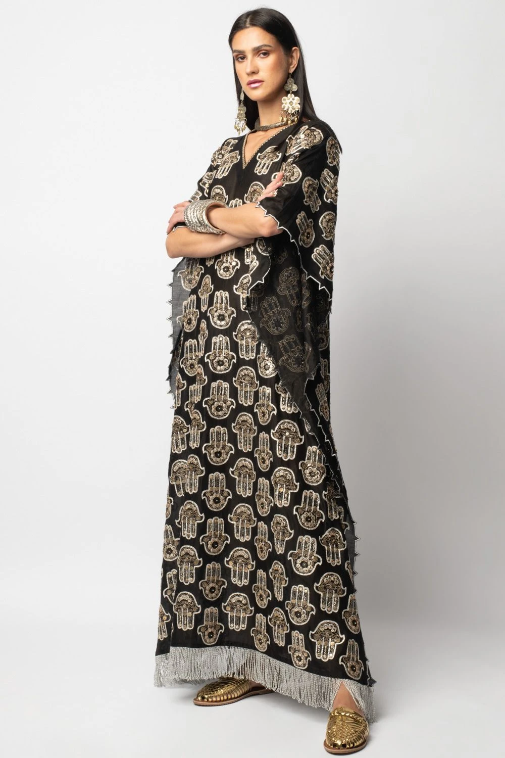 Heirloom By Rara Avis Hamsa Embroidered Kaftan With Silver Fringe Lace 4 Heirloom By Rara Avis Hamsa Embroidered Kaftan With Silver Fringe Lace - Image 2