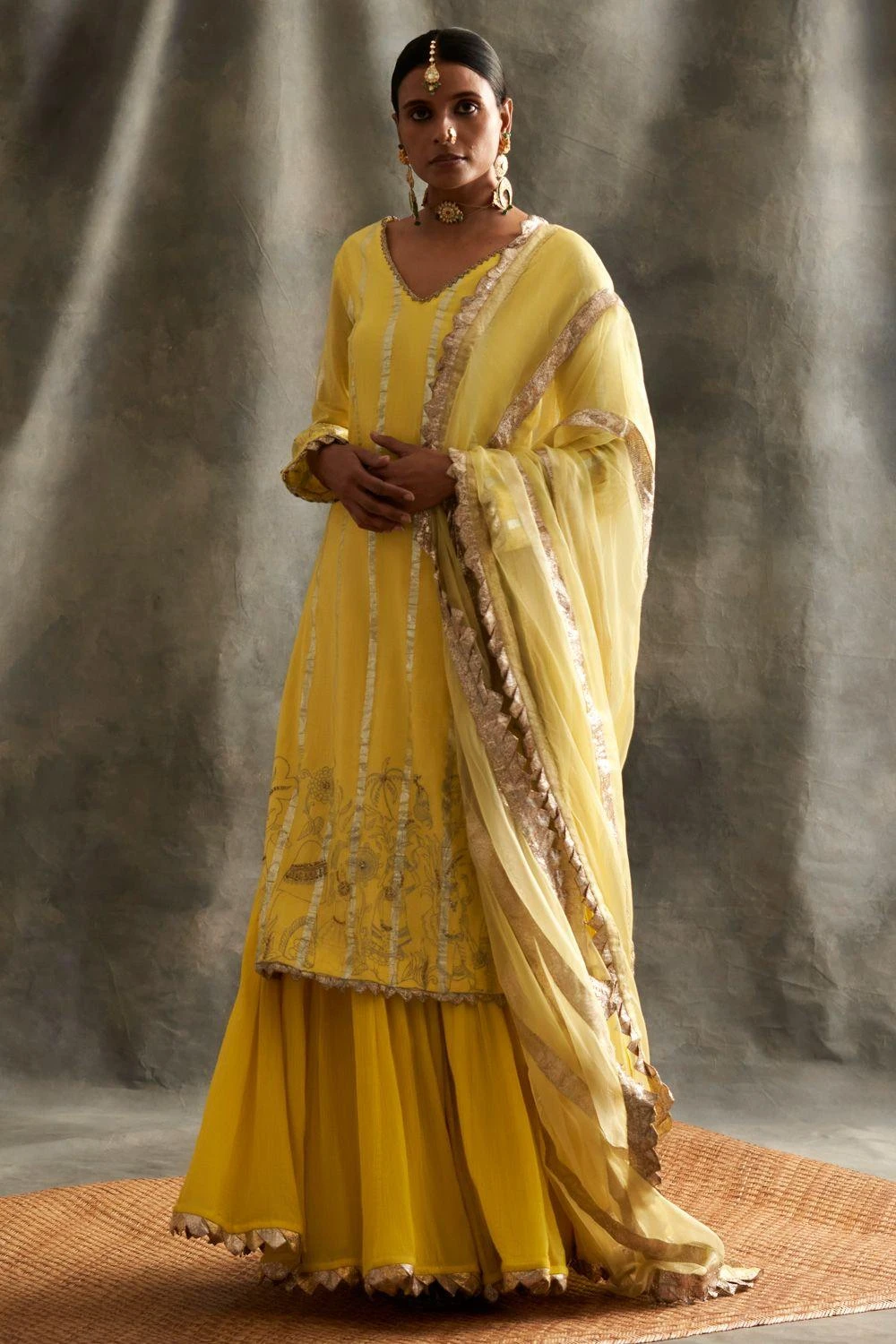 Itrh Yellow Sharara Set With Gold Lampi Stripes 3 Itrh Yellow Sharara Set With Gold Lampi Stripes