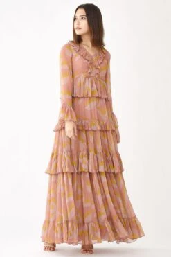KoAi Pink & Peach Floral Three Tiered Frill Dress