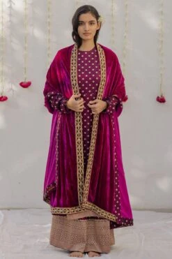 Mimamsaa Magenta Brocade Sharara Set With Velvet Dupatta
