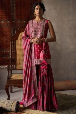 Punit Balana Cherry Red Silk Chanderi Gharara Set