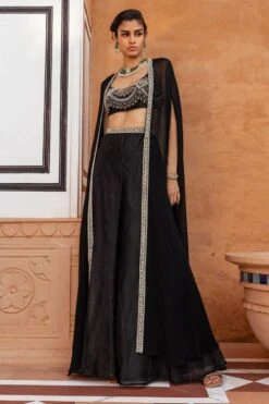 Ridhima Bhasin Black Pearl Embellished Cape Set