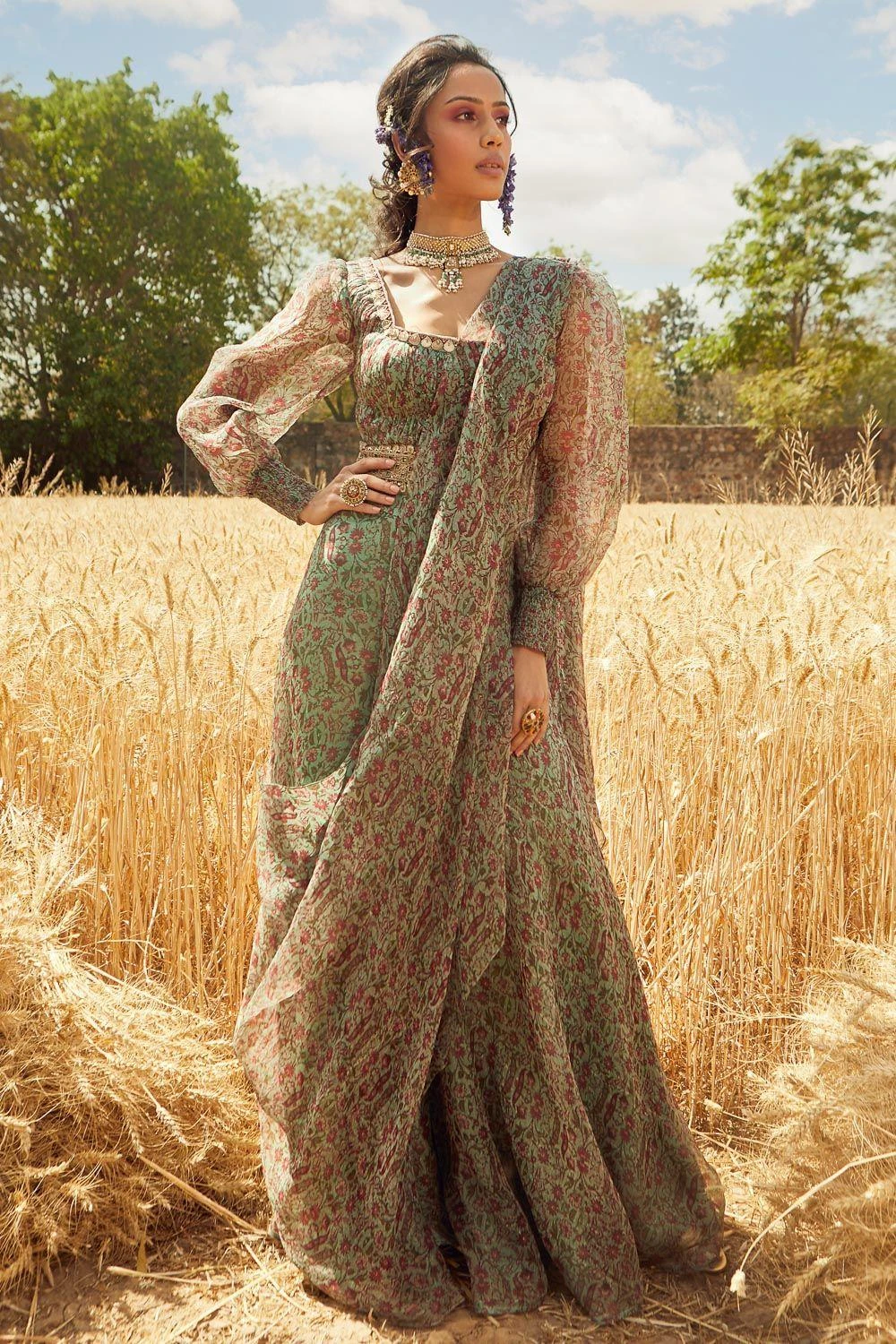 Ridhima Bhasin Aqua Printed Sharara Sari Set 3 Ridhima Bhasin Aqua Printed Sharara Sari Set