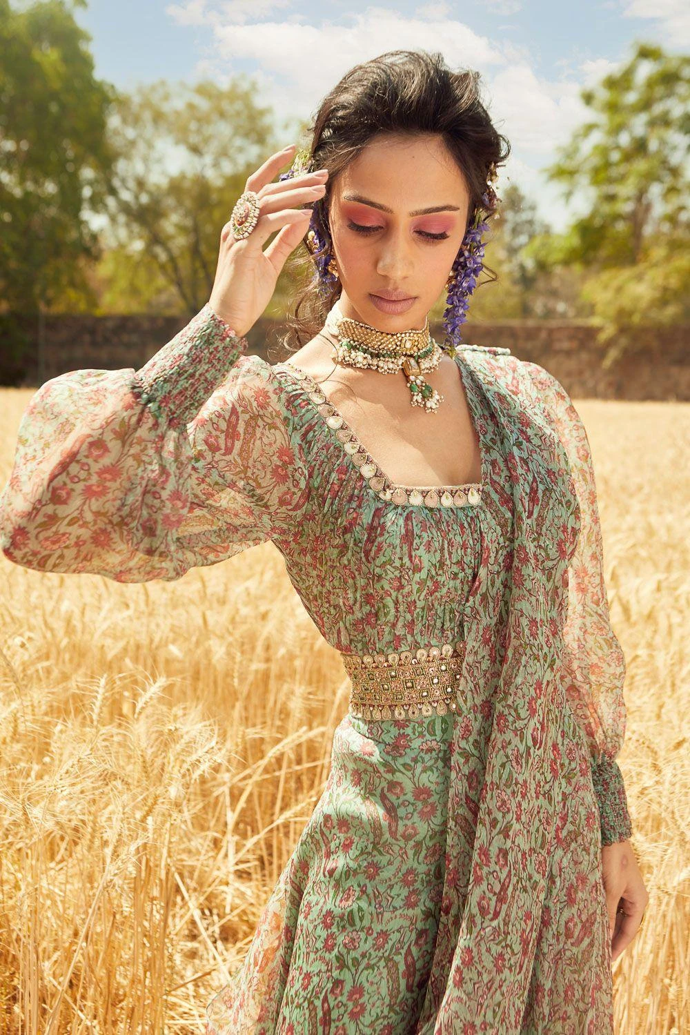 Ridhima Bhasin Aqua Printed Sharara Sari Set 4 Ridhima Bhasin Aqua Printed Sharara Sari Set - Image 2