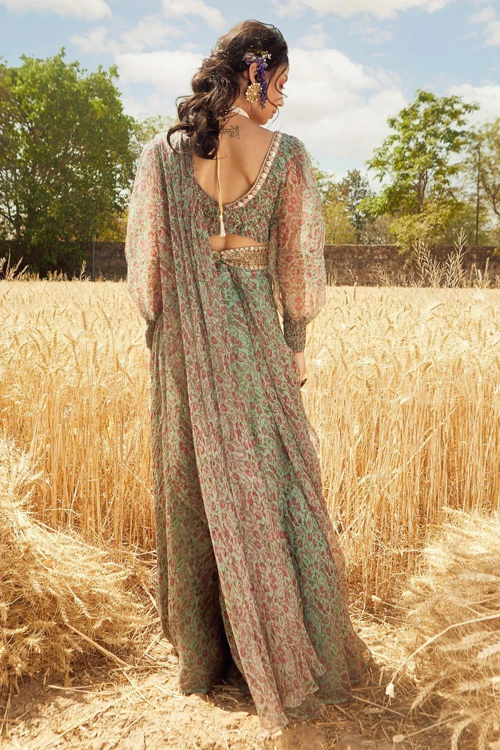 Ridhima Bhasin Aqua Printed Sharara Sari Set 5 Ridhima Bhasin Aqua Printed Sharara Sari Set - Image 3