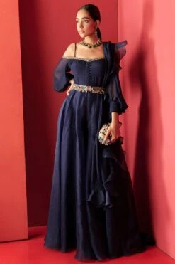 Ridhi Mehra Navy Blue Jumpsuit With A Ruffled Dupatta & Belt