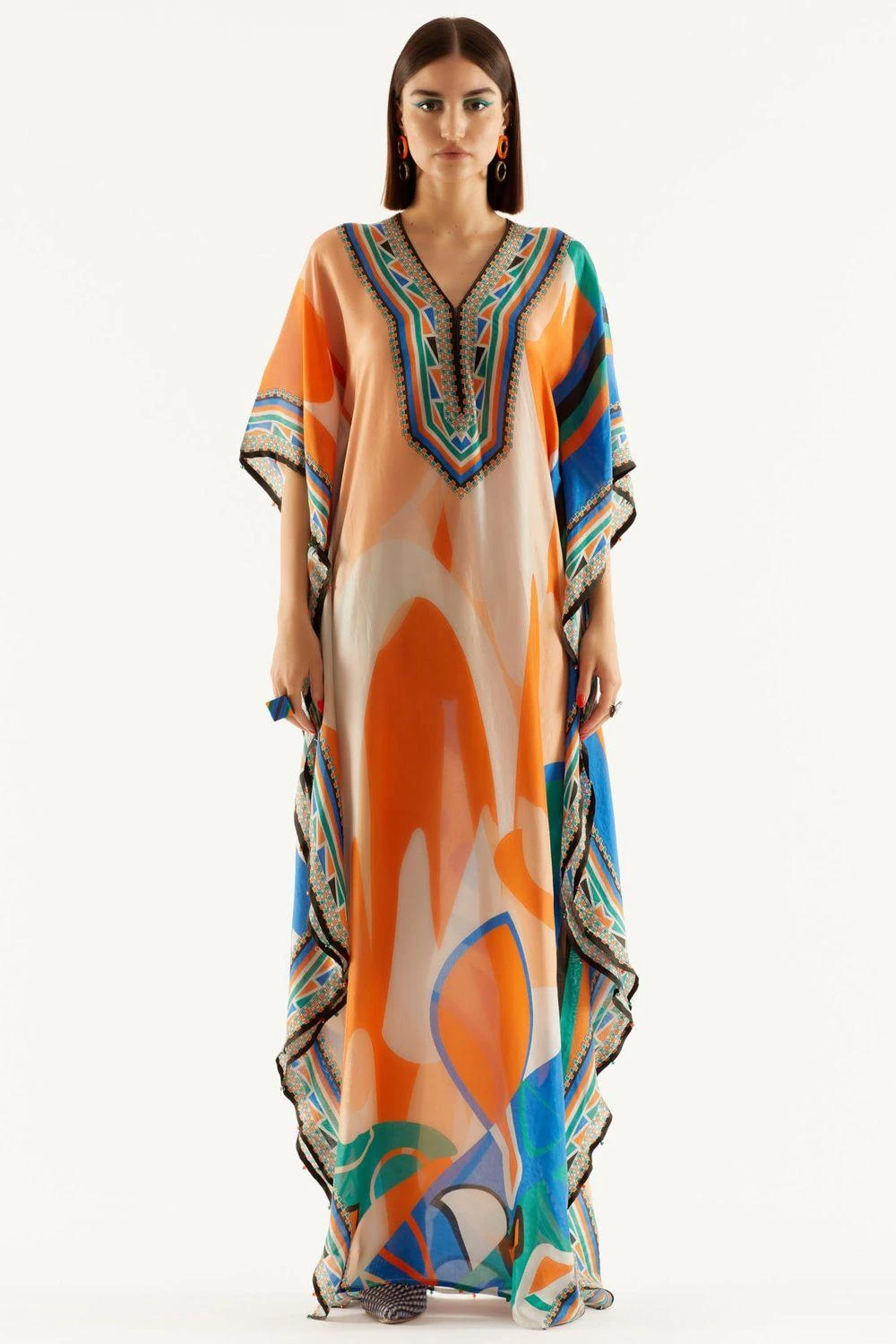Rajdeep Ranawat Orange V Neck Printed Kaftan 3 Rajdeep Ranawat Orange V Neck Printed Kaftan
