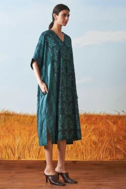 Ikai Pleated Teal V Neck Kaftan Dress -Divine Couture sh kfd 2101b 2