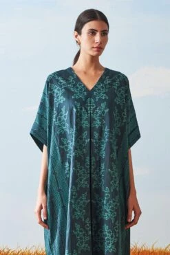 Ikai Pleated Teal V Neck Kaftan Dress -Divine Couture sh kfd 2101b 3