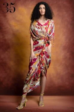 Saaksha & Kinni Beige Floral Printed & Micro Pleated Sari Dress