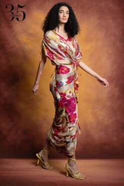 Saaksha & Kinni Beige Floral Printed & Micro Pleated Sari Dress -Divine Couture sk 229sk24 4