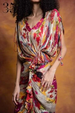 Saaksha & Kinni Beige Floral Printed & Micro Pleated Sari Dress -Divine Couture sk 229sk24 5