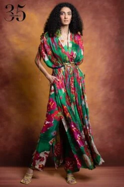 Saaksha & Kinni Green Floral Printed & Embroidered Kaftan