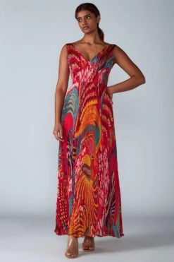 Saaksha & Kinni Pink Avian Printed Micro Pleated Maxi Dress