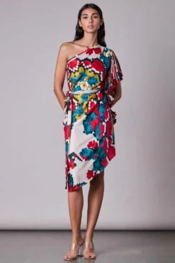 Saaksha & Kinni Ikat Printed One Shoulder Ruffle Sleeve Dress