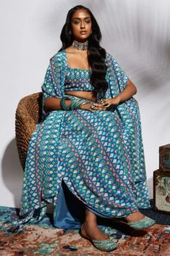 SVA Blue Geo Print Drape Skirt With Bustier & Cape