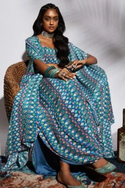 SVA Blue Geo Print Drape Skirt With Bustier & Cape -Divine Couture svaw21k04b 3