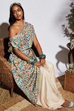 SVA Bagh Print One Shoulder Drape Tunic & Sharara Set