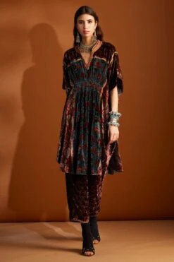 Sunira Designs Maroon Ajrak Hand-block Printed Velvet Kaftan