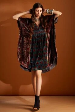 Sunira Designs Maroon Ajrak Hand-block Printed Velvet Kaftan -Divine Couture v2107b 3