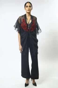 Varun Bahl Black Embroidered Cape Set With Ruffled Sleeves