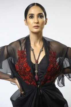 Varun Bahl Black Embroidered Cape Set With Ruffled Sleeves -Divine Couture vb dc 20 tb c 15 3