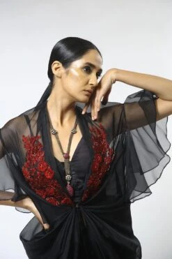 Varun Bahl Black Embroidered Cape Set With Ruffled Sleeves -Divine Couture vb dc 20 tb c 15 4